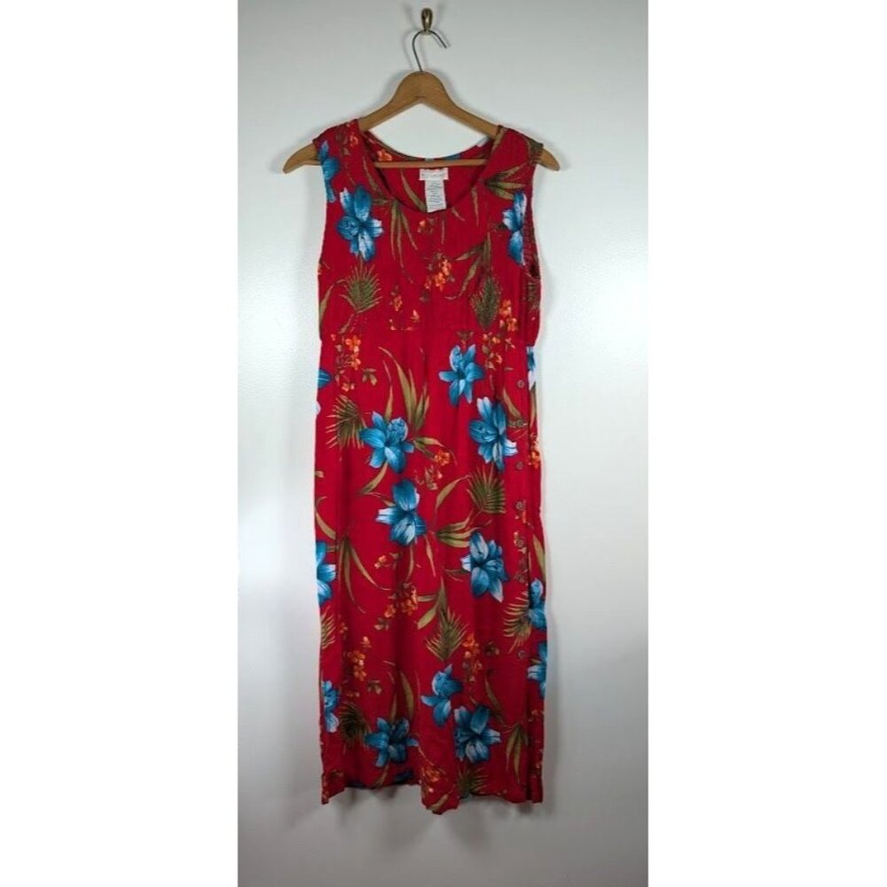 white Stag Midi Dress Size Large Hawaiian Smocked Tropical Resort Beach Vacation
